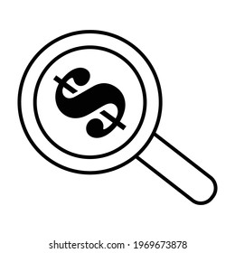 Thin line flat magnifying glass with money icon on a white background. Royalty-free.