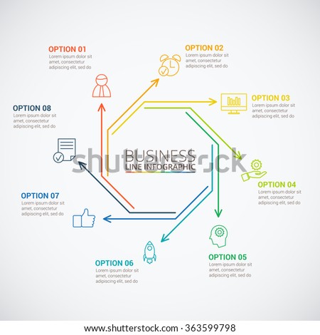 Thin line flat octagon for infographic. Template for cycle diagram, graph, presentation and round chart. Business concept with 8 options, parts, steps or processes. Data visualization.