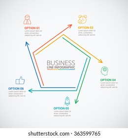 Thin line flat pentagon for infographic. Template for cycle diagram, graph, presentation and round chart. Business concept with 5 options, parts, steps or processes. Data visualization.