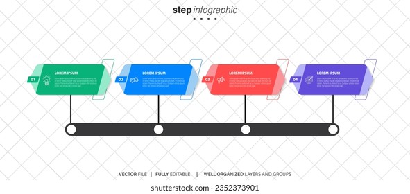 Thin line flat process . Business infographic with 4 options, arrows. Vector linear elements for presentation.
