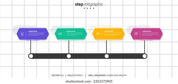 Thin line flat process . Business infographic with 4 options, arrows. Vector linear elements for presentation.
