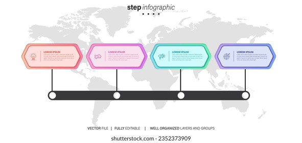 Thin line flat process . Business infographic with 4 options, arrows. Vector linear elements for presentation.
