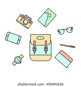 Thin line flat set of the Tourist stuff. Vector illustration. World exploration card