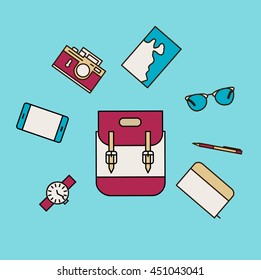 Thin line flat set of the Tourist stuff on blue background. Vector illustration. World exploration card