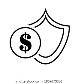 Thin line flat shield with coin icon on a white background. Royalty-free.