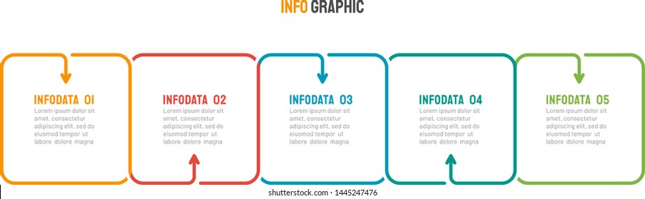 Thin line flat square and arrows process . Business infographic with 5 options, steps. Vector linear elements for presentation.