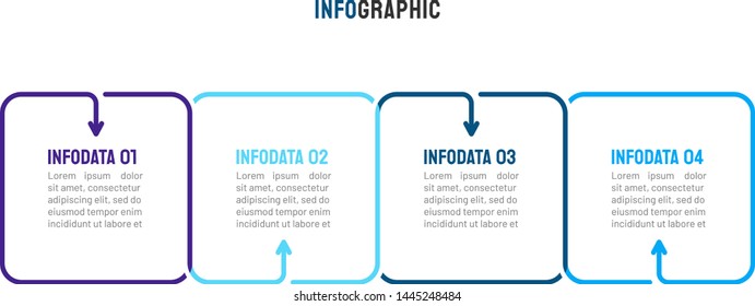 Thin line flat square and arrows process . Business infographic with 4 options, steps. Vector linear elements for presentation.