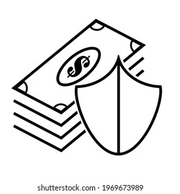 Thin line flat stacked money with a shield icon on a white background. Royalty-free.