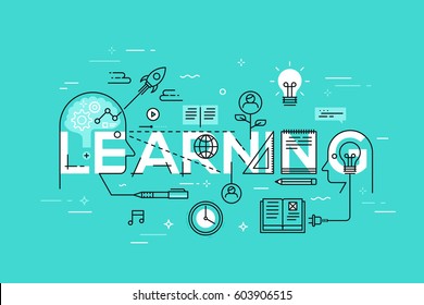 Thin line flat template for learning web page, exchange and development of ideas and knowledge. Modern vector illustration word concept for website and mobile applications banners.