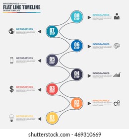 Thin line flat timeline infographic elements vector template. Can be used for workflow, business concept with 8 options, parts, steps or processes, number options, diagram, chart, data visualization.