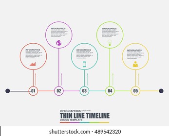 Thin line flat timeline infographic elements vector template. Can be used for workflow, business concept with 5 options, parts, steps or processes, number options, diagram, chart, data visualization.