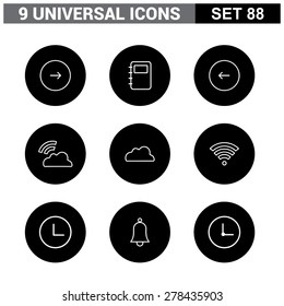 Thin line flat Universal Icons set in black circle background. Big package of modern minimalist, thin line icons. Design elements for mobile and web applications.