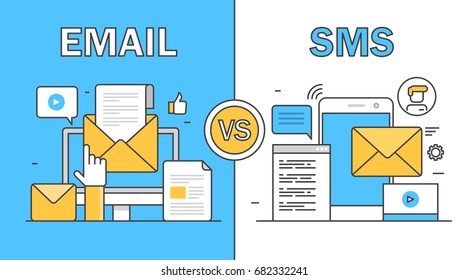 Thin Line Flat Vector Of Email Marketing, SMS Marketing, Comparison Between Email And Mobile Marketing Strategies, Digital Content Promotion With Icons