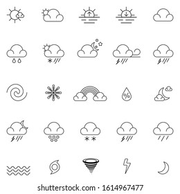 Thin Line Flat Weather Icons (Cloud ,Sun ,Moon ,Tornado Storm ,Thunder ,Snowflake ,Rainy ,Typhoon ,Droplets ,Thermometer ,Foggy ,Humidity ,Hail ,Rainbow) Collection Set Isolated On White Background.