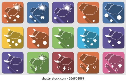 Thin line flat weather icons & symbols. Set of isolated colorful buttons with shadows. Vector illustration