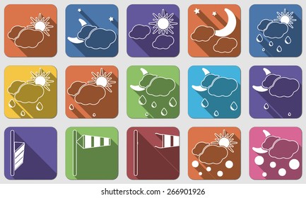 Thin line flat weather icons & symbols. Set of isolated colorful buttons with shadows. Vector illustration