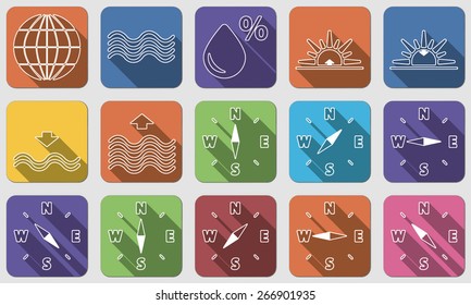 Thin line flat weather icons & symbols. Set of isolated colorful buttons with shadows. Vector illustration