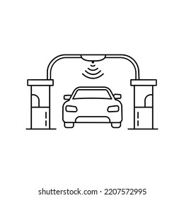 Dünne Autobahn mit Maut-Checkpoint-Gatter. Konzept der Verkehrsgrafik für Expressstraßen. lineares, einfaches Trenddesign, moderner Prüfpunktlogotyp, einzeln auf weißem Hintergrund