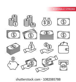 Thin line, fully editable icon set. Money icons. Money stack, coin stack, piggy bank, wallet with money, cash payment, hand holding money icons.