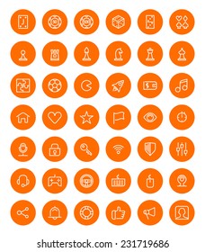 Thin line game icons set for web and mobile apps. White and orange colors flat design. Chess, puzzle, dice, cards, games  ui elements