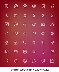 Thin line game icons set for web and mobile apps. White icons on the blurred red background. Chess, puzzle, dice, cards, games  ui elements