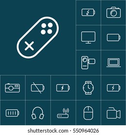 thin line gamepad, joystick icon on blue background, gadgets set