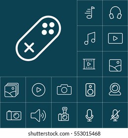 thin line gamepad, joystick icon on blue background, multimedia icons set