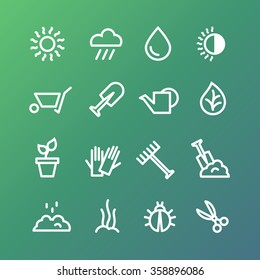 Thin line gardening icons. Isolated tool, weather, obstacle symbols / signs. Vector illustration.