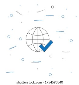 Thin line globe icon with check mark. Minimalist approve related vectors. Internet protection guarantee symbol. Pattern design with blue circles and lines. Editable stroke. Pixel perfect.