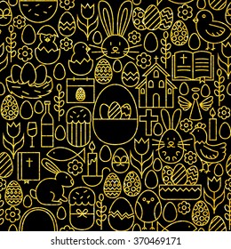 Thin Line Gold Black Happy Easter Seamless Pattern. Vector Website Design and Seamless Background in Trendy Modern Line Style. Spring Religion Holiday.