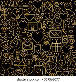 Thin Line Gold Black Valentine`s Day Seamless Pattern. Vector Website Design and Seamless Background in Trendy Modern Line Style. Love Wedding.