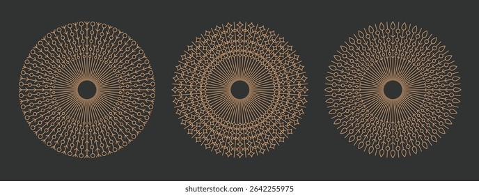 Thin line gold elegant bohemian celestial suns round shapes. Trendy beautiful lattice circle vector background.