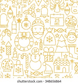 Thin Line Gold Merry Christmas Seamless Pattern. Vector Illustration of Winter Holiday Design and Seamless Background in Trendy Modern Line Style. Happy New Year.
