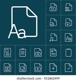 thin line grammar, letter file, icon on blue background, document icons set