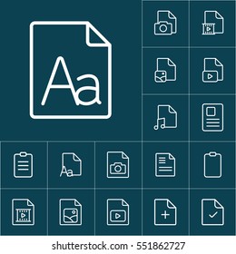 thin line grammar, letter file, icon on blue background, document icons set