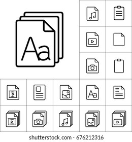thin line grammar, letter file icon, different type file icons set on white background