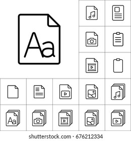 thin line grammar, letter file icon, different type file icons set on white background