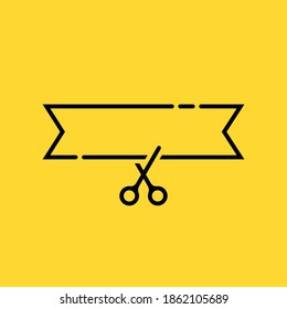 thin line grand opening like invitation. flat lineart style trend modern simple logotype graphic art design element isolated on yellow background. concept of scissors cut and business startup