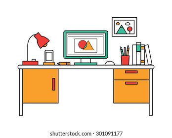 Thin line graphic designer or web developer workplace showing design on desktop computer, vector illustration. Workspace with software equipment. Workplace tools , bright workspace interior 