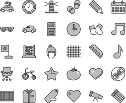 Thin Line Gray Tint Vector Icon Set - Heart Symbol Vector, Clock Face, Spectacles, Remove Label, Comb, Warm Socks, Child Bicycle, Shoes, Winter Hat, Abacus, Window Frame, Interroom Door, Wall, Star