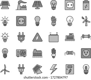 Thin line gray tint vector icon set - lightning vector, incandescent lamp, saving light bulb, power socket type f, dangers, charging battery, solar panel, windmill, wind energy, factory, accumulator