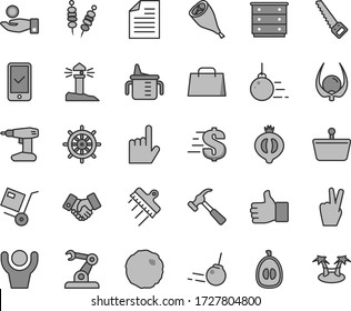 Thin line gray tint vector icon set - scribbled paper vector, dollar, chest of drawers, measuring cup for feeding, big core, drill, arm saw, spatula, hammer with claw, index finger, shipment, loquat