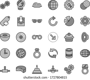 Thin line gray tint vector icon set - renewal vector, clockwise, loudspeaker, add label, download archive data, birthday cake, gears, cogwheel, star gear, wall clock, CD, earth, right bottom arrow