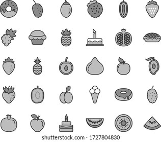 Juego de íconos vectores de tintes grises de línea delgada - vector de pastel, cumpleaños, con un agujero, glaseado, pastel de manzana, cono, fresa, fresas, piña, granada, mitad, uva, albaricoque, rojo, frambuesa, higo, sabroso