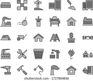 Thin line gray tint vector icon set - wicker pot vector, tower crane, house, dwelling, hook, building trolley, trowel, concrete mixer, small tools, cordless drill, ladder, level, buildings, tile