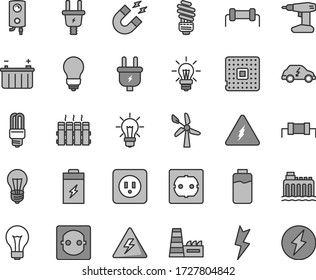 Thin line gray tint vector icon set - danger of electricity vector, matte light bulb, drill, saving, power socket type b, f, lightning, radiator, boiler, charge level, charging battery, wind energy