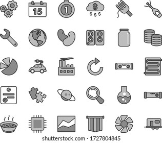 Thin line gray tint vector icon set - clockwise vector, line chart, Puzzle, construction level, building, heating coil, calendar, coins, spaghetti, porridge in a saucepan, beans, industrial, jar