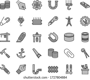 Thin line gray tint vector icon set - clip vector, open pin, iron fork spoons, crane, hook, winch, adjustable wrench, hand saw, siphon, gear, knife, stationery, new radiator, hammer with claw, coins