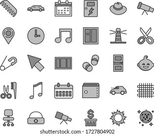 Thin line gray tint vector icon set - scissors vector, calendar, purse, hat, open pin, accessories for a hairstyle, comb, funny hairdo, child shoes, warm, window, frame, interroom door, dangers, sun