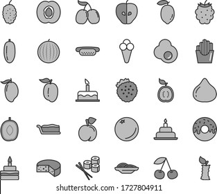 Thin line gray tint vector icon set - cake vector, birthday, cheese, mini hot dog, slices of onion, slice, glazed with a hole, fried potato, sushi set, cone, egg, strawberries, orange, cherry, peach
